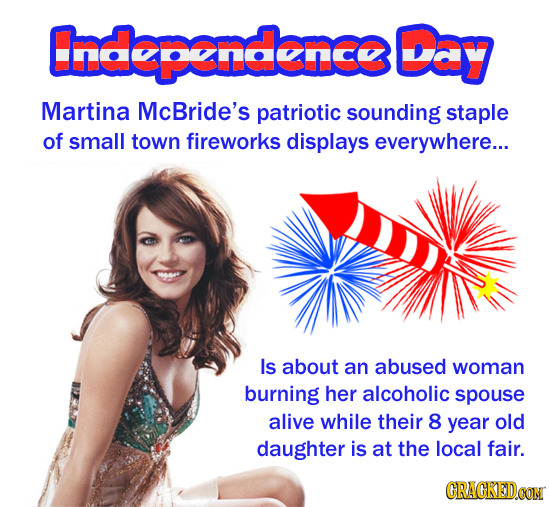 (lndzpzdz3@e Martina McBride's patriotic sounding staple of small town fireworks displays everywhere... Is about an abused woman burning her alcoholic