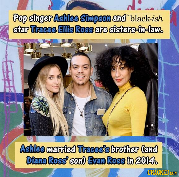 Pop singer Ashlee Simpson and black:is/ star Tracee Ellis Ross are sisters-in-law Ashlee married Tracee's brother (and Diana ROSS' sond Evan Ross in 2