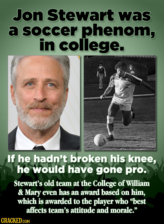 Jon Stewart was a soccer phenom, in college. If he hadn't broken his knee, he would have gone pro. Stewart's old team at the College of William & Mary