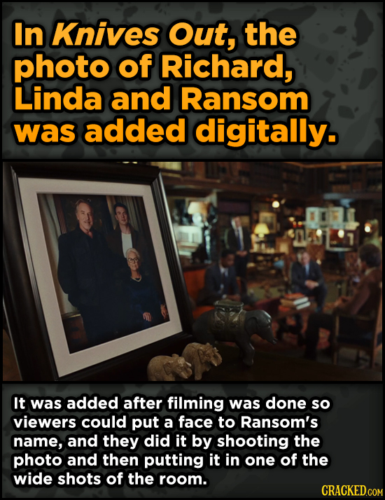 Surprising Ways Beloved Movies Accomplished Their Effects - In Knives Out, the photo of Richard, Linda and Ransom was added digitally.