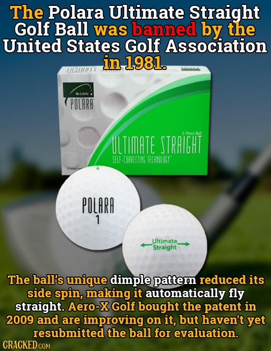 The Polara Ultimate Straight Golf Ball was banned by the United States Golf Association in 1981. 111510813 NLwtee POLARA ULTIMATE STRAIGHT 2. Piece Ba