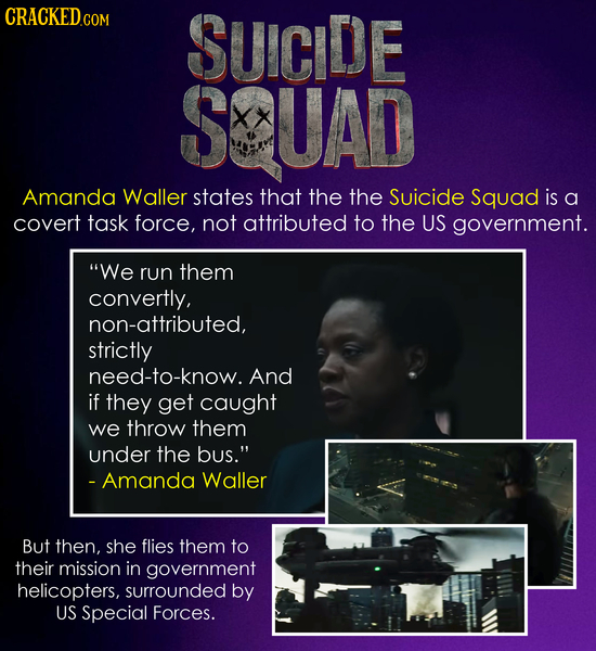 SUICIDE SQUAD Amanda Waller states that the the Suicide Squad is a covert task force, not attributed to the US government. We run them convertly, non