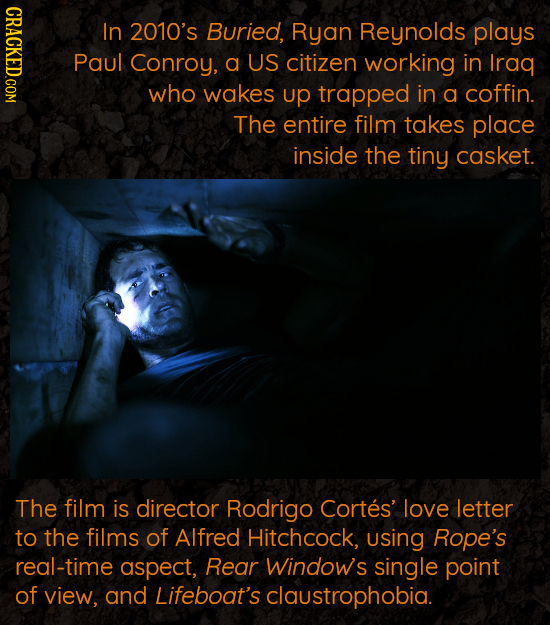 CRACKED.COM In 2010's Buried, Ryan Reynolds plays Paul Conroy, a US citizen working in Iraq who wakes up trapped in a coffin. The entire film takes pl