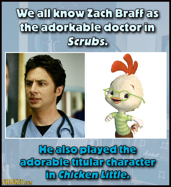 We all know Zach Braff as the adorkable doctor in Scrubs. He also played the Harshall adorable titular character in Chicken Little. CRACKEDCONT