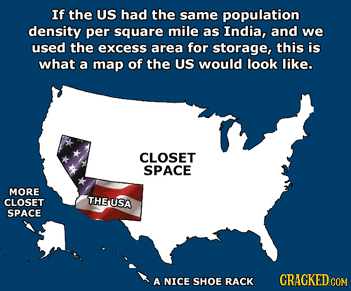 If the US had the same population density per square mile as India, and we used the excess area for storage, this is what a map of the US would look l