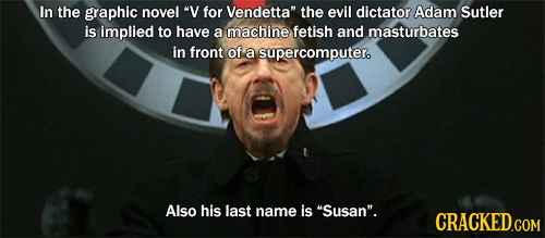 In the graphic novel V for Vendetta the evil dictator Adam Sutler is implied to have a machine fetish and masturbates in front of a supercomputer. A