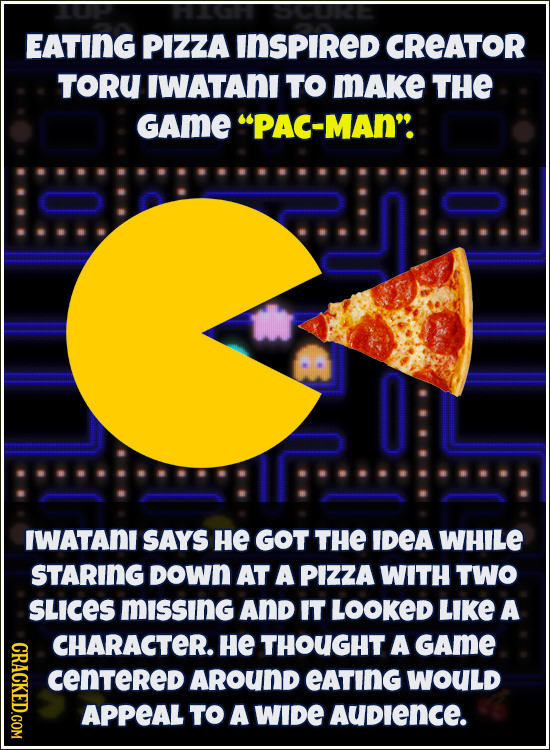 EATING PIZZA INSPIRED CREATOR TORU IWATANI TO MAke THE GAmE PAC-MAN IWATANI SAYS He GOT THE IDEA WHILE STARING DOwN AT A PIZZA WITH TWO SLices missi