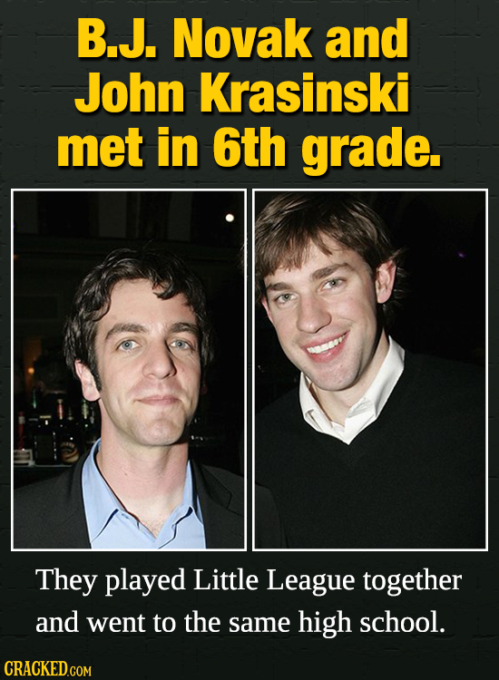 B.J. Novak and John Krasinski met in 6th grade. They played Little League together and went to the same high school.