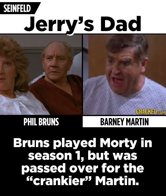 SEINFELD Jerry's Dad CRACKEDCO PHIL BRUNS BARNEY MARTIN Bruns played Morty in season 1, but was passed over for the crankier' Martin.