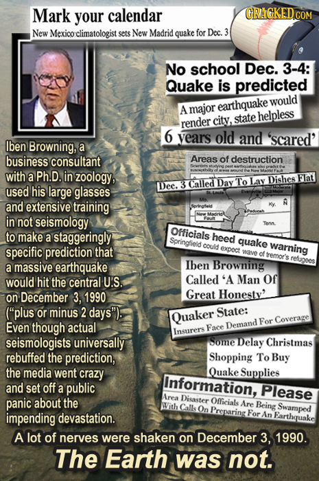 Mark your calendar CRAGKED COM New Mexico'climatologist sets New Madrid quake for Dec. No school Dec. 3-4: Quake is predicted earthquake would A major