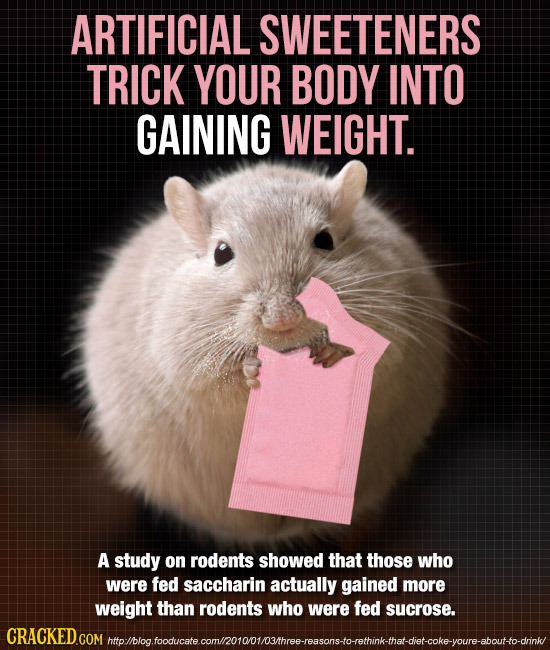 ARTIFICIAL SWEETENERS TRICK YOUR BODY INTO GAINING WEIGHT. A study on rodents showed that those who were fed saccharin actually gained more weight tha