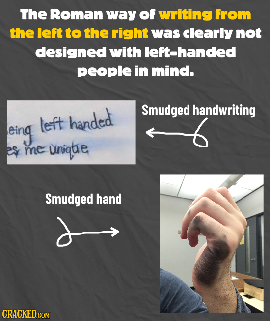 The Roman way of writing from the left to the right was clearly not designed with left-handed peoplE in mind. Smudged handwriting handed eing left es 