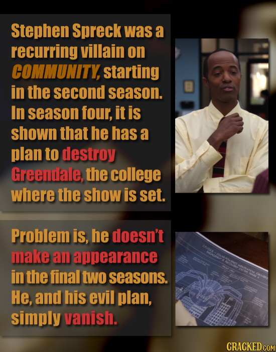 Stephen Spreck was a recurring villain on COMMUNITY, starting in the second season. In season four, it is shown that he has a plan to destroy Greendal