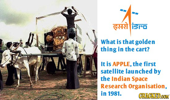i50 What is that golden thing in the cart? It is APPLE, the first satellite launched by the Indian Space Research Organisation, in 1981. CRACKEDOON