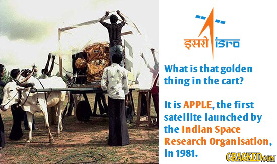 i50 What is that golden thing in the cart? It is APPLE, the first satellite launched by the Indian Space Research Organisation, in 1981. CRACKEDOON 