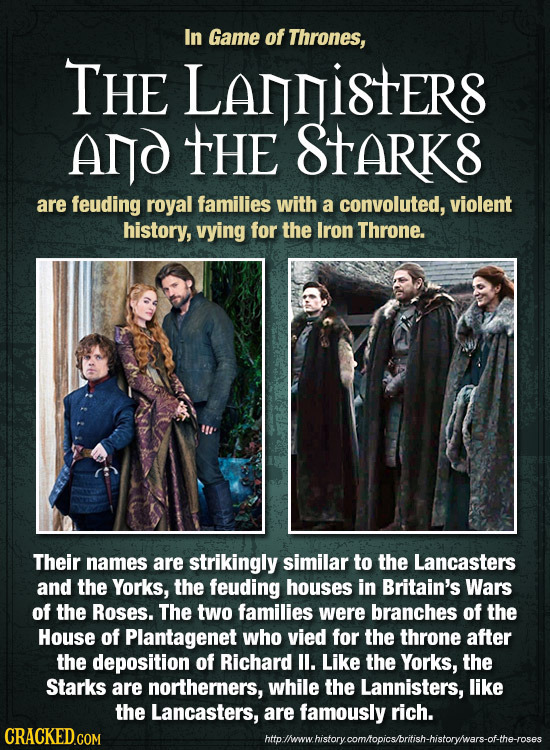 In Game of Thrones, THE LANOISTER8 ANO THE STARKS are feuding royal families with a convoluted, violent history, vying for the Iron Throne. Their name