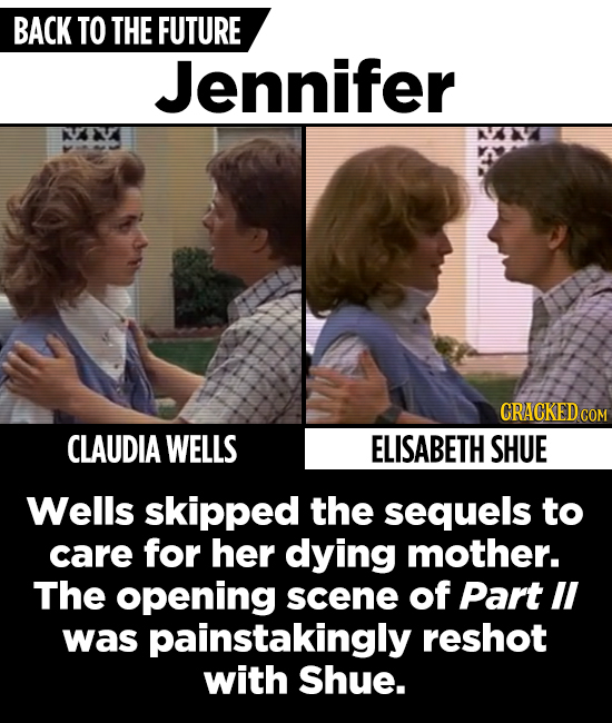 BACK TO THE FUTURE Jennifer CRACKED cO CLAUDIA WELLS ELISABETH SHUE Wells skipped the sequels to care for her dying mother. The opening scene of Part