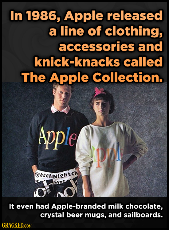 In 1986, Apple released a line of clothing, accessories and knick-knacks called The Apple Collection. Apple PI grtclinightch It even had Apple-branded