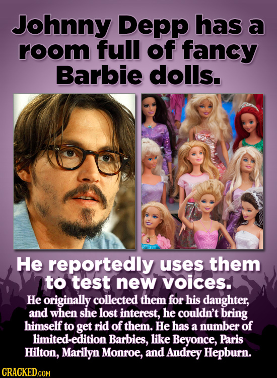Johnny Depp has a room full of fancy Barbie dolls. 3 He reportedly uses them to test new voices. He originally collected them for his daughter, and wh