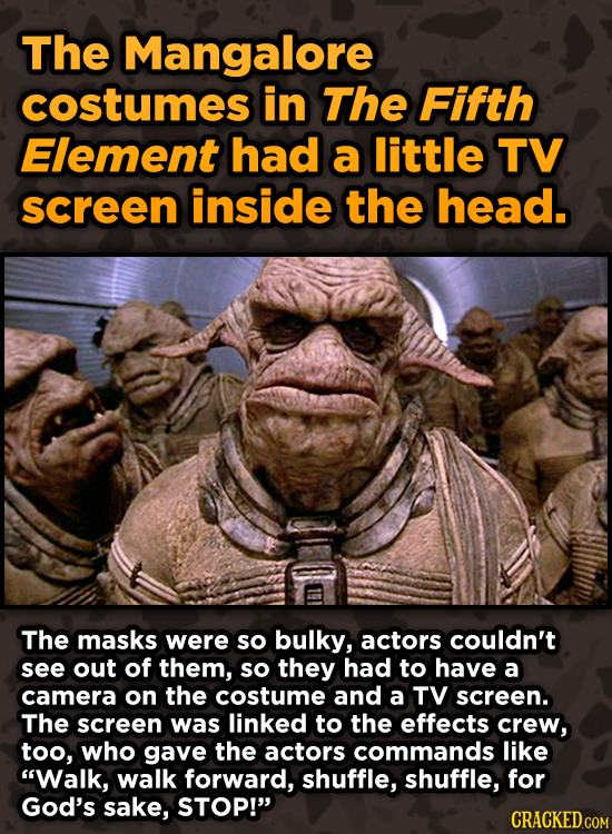 Surprising Ways Beloved Movies Accomplished Their Effects - The Mangalore costumes in The Fifth Element included a little TV screen inside the head.