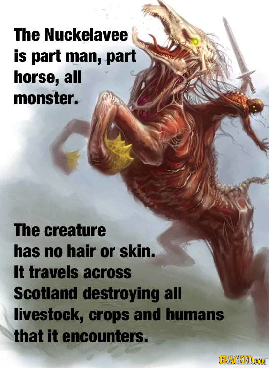 The Nuckelavee is part man, part horse, all monster. The creature has no hair or skin. It travels across Scotland destroying all livestock, crops and