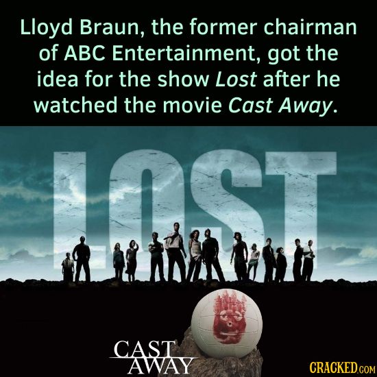 Lloyd Braun, the former chairman of ABC Entertainment, got the idea for the show Lost after he watched the movie Cast Away. CAST AWAY