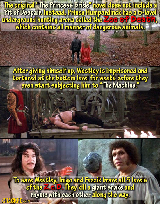 The original The Princess Bride novel does not include a Pit of Despair. Instead, Prince Humperdinck has a 5-level underground hunting arena called 
