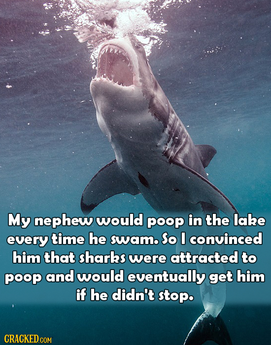 My nephew would poop in the lake every time he swam So I convinced him that sharks were attracted to poop and would eventually get him if he didn't st