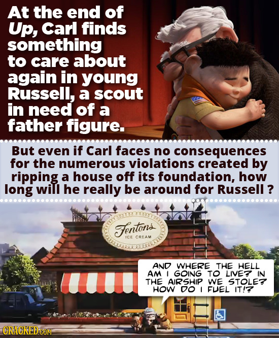 At the end of Up, Carl finds something to care about again in young RuSSell, a scout in need of a father figure. But even if Carl faces no consequence