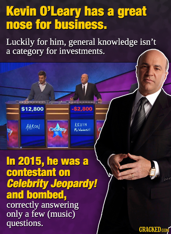 Kevin O'Leary has a great nose for business. Luckily for him, general knowledge isn't a category for investments. CMOOOMH $12,800 $2,800 AAKON KEVIN C