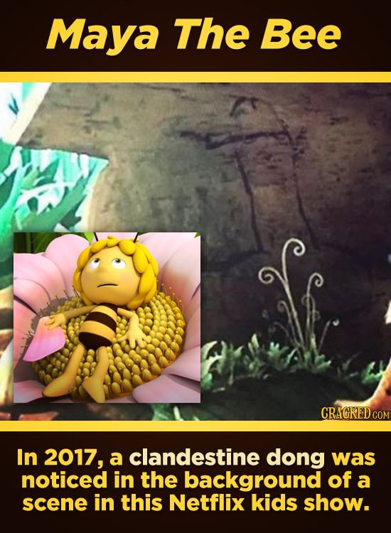 Maya The Bee CRAGKEDCOM In 2017, a clandestine dong was noticed in the background of a scene in this Netflix kids show. 
