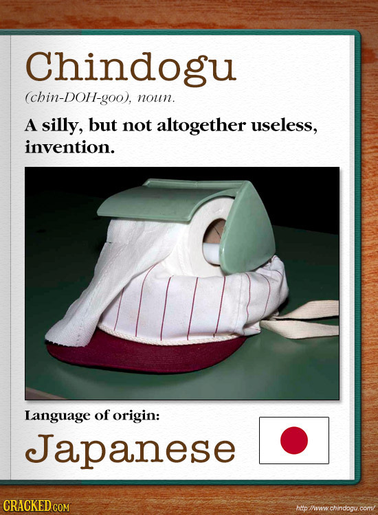 Chindogu (chin-DOH-goo), noun. A silly, but not altogether useless, invention. Language of origin: Japanese CRACKED C http:/vwwchindogu.coml 