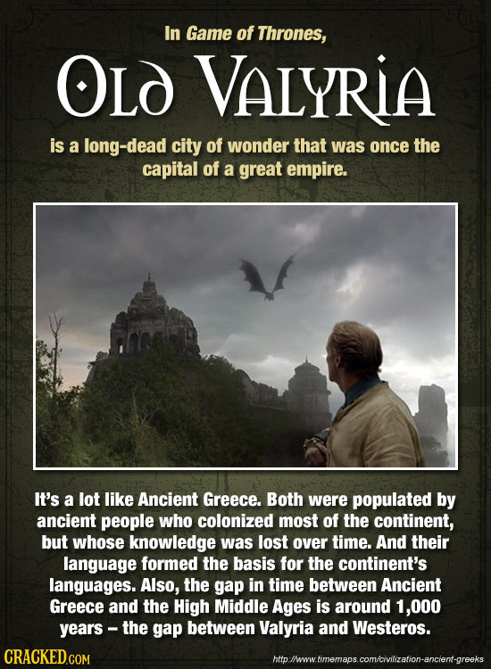 In Game of Thrones, OLd VALYRIA is a long-dead city of wonder that was once the capital of a great empire. It's a lot like Ancient Greece. Both were p