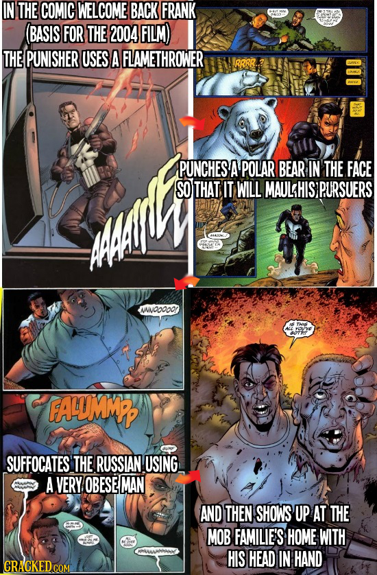 IN THE COMIC WELCOME BACK FRANK (BASIS FOR THE 2004 FILM) THE PUNISHER USES A FLAMETHROWER RRRR PUNCHES A POLAR BEAR IN THE FACE SO THAT IT WILL MAULH