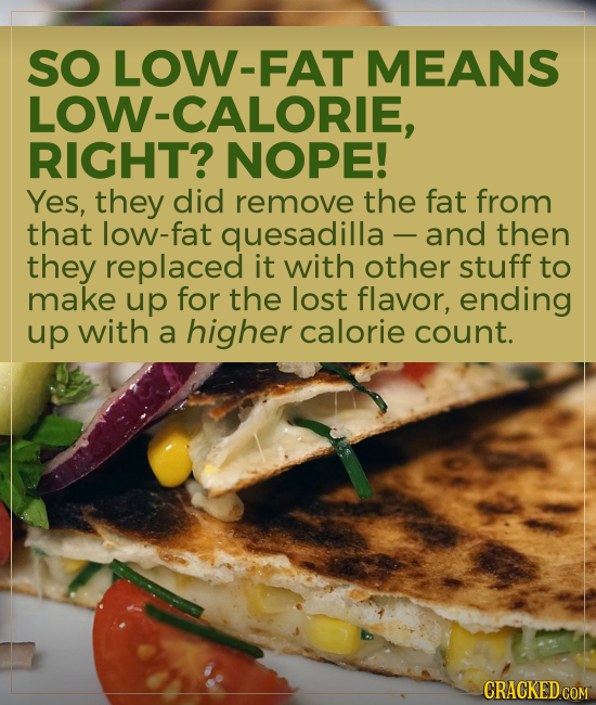 SO LOW-FAT MEANS LOW-CALORIE, RIGHT? NOPE! Yes, they did remove the fat from that low-fat quesadilla and then they replaced it with other stuff to mak
