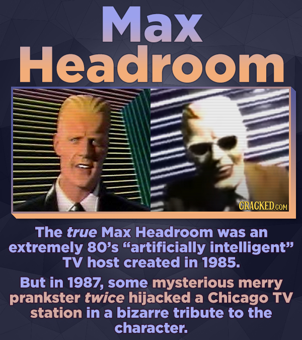 Max Headroom CRACKED COM The true Max Headroom was an extremely 80's artificially intelligent TV host created in 1985. But in 1987, some mysterious