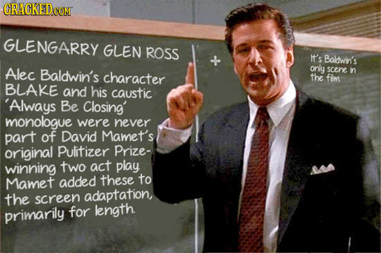 CRACKEDC coN GLENGARRY GLEN ROSS It's Baldwin's Alec Baldwin's only scene character in the fim BLAKE and his caustic Always Be Closing' monologue were