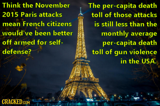 Think the November The per-capita death 2015 Paris attacks toll of those attacks mean French citizens is still less than the would've been better mont