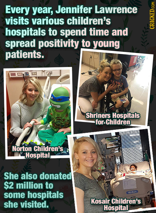 Every year, Jennifer Lawrence visits various children's hospitals to spend timE and cRAu spread positivity to young patients. Shriners Hospitals for C