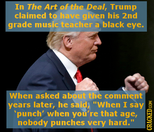 In The Art of the Deal, Trump claimed to have given his 2nd grade music teacher a black eye. When asked about the comment years later, he said, When 