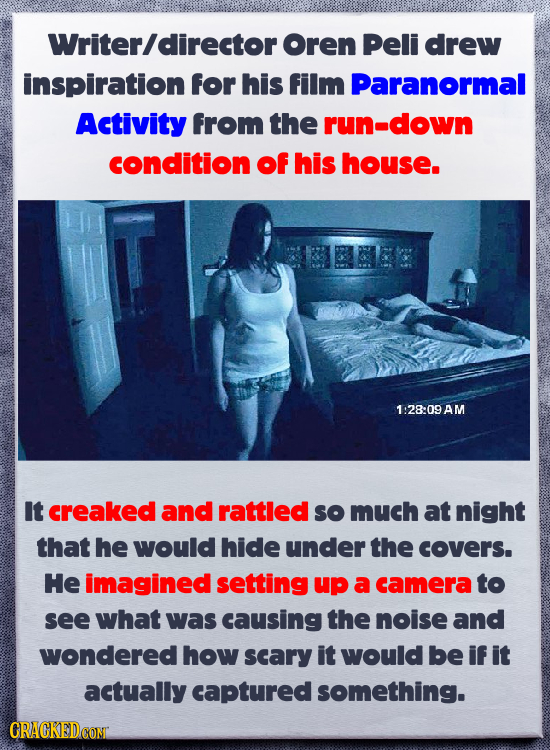 Writerldirector Oren Peli drew inspiration for his film Paranormal Activity From the run-down condition Of his house. 1 :28:09 AM It creaked and rattl