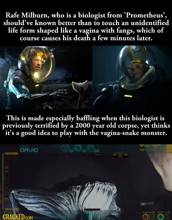 Rafe Milburn, who is biologist from a 'Prometheus', should've known better than to touch an unidentified life form shaped like of a vagina with fangs,