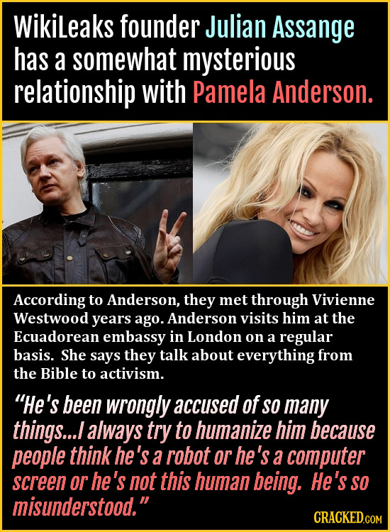 WikiLeaks founder Julian Assange has a somewhat mysterious relationship with Pamela Anderson. According to Anderson, They met through Vivienne Westwoo