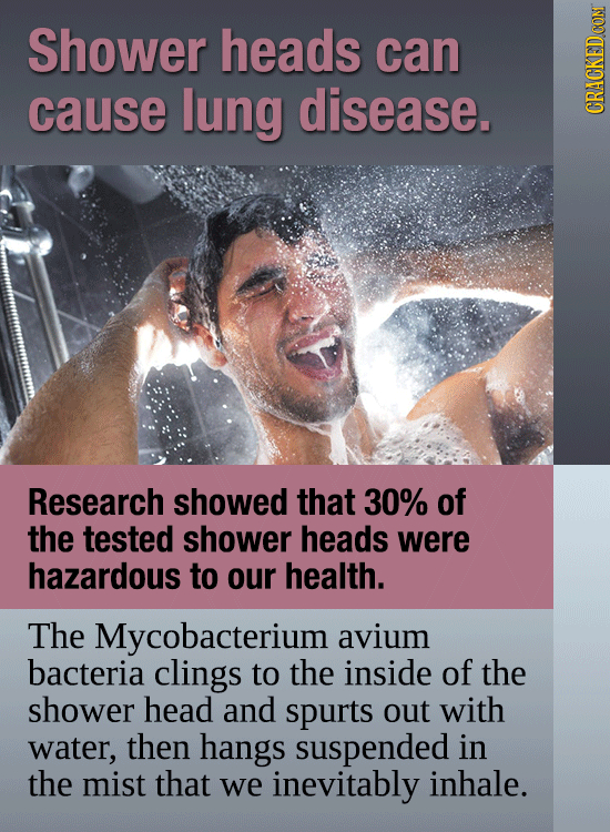 Shower heads can cause lung disease. CRACKEDCON Research showed that 30% of the tested shower heads were hazardous to our health. The Mycobacterium av
