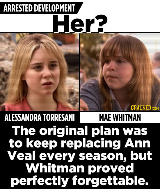 ARRESTED DEVELOPMENT Her? ALESSANDRA TORRESANI MAE WHITMAN The original plan was to keep replacing Ann Veal every season, but Whitman proved perfectly