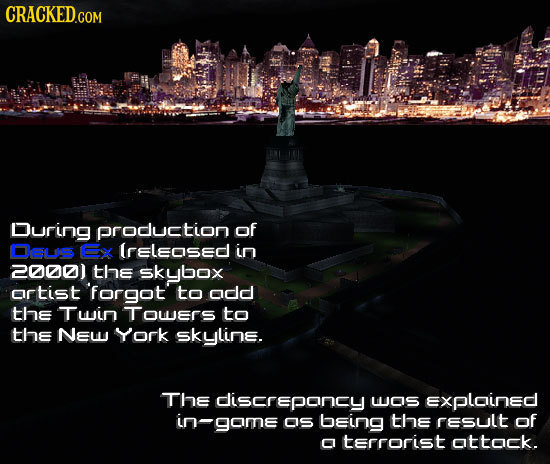 During production of Osus Ex lreleosed in 2000) the skybox ortist 'forgot to odd the Twin TOwers to tHE NEW York skyline. The discrepancy WOS Exploine
