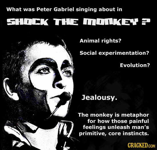 What was Peter Gabriel singing about in SH0CK THE MOKE Animal rights? Social experimentation? Evolution? Jealousy. The monkey is metaphor for how thos