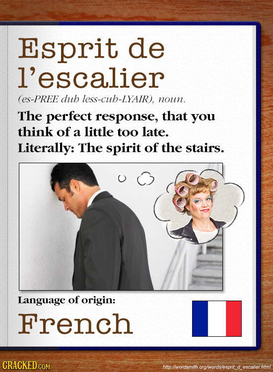 Esprit de l'escalier (ES-PREE duh less-cuh-LYAIR), noun. The perfect response, that you think of a little too late. Literally: The spirit of the stair