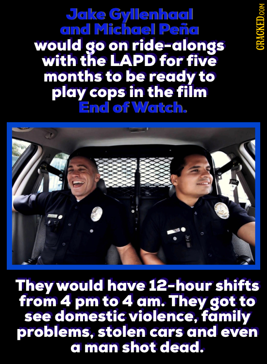 Jake Gyllenhaal and Michael Pena would go on ride-alongs with the LAPD for five CRACKED.COM months to be ready to play cops in the film End of Watch.