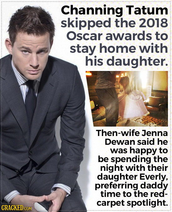 Channing Tatum skipped the 2018 Oscar awards to stay home with his daughter. Then-wife Jenna Dewan said he was happy to be spending the night with the